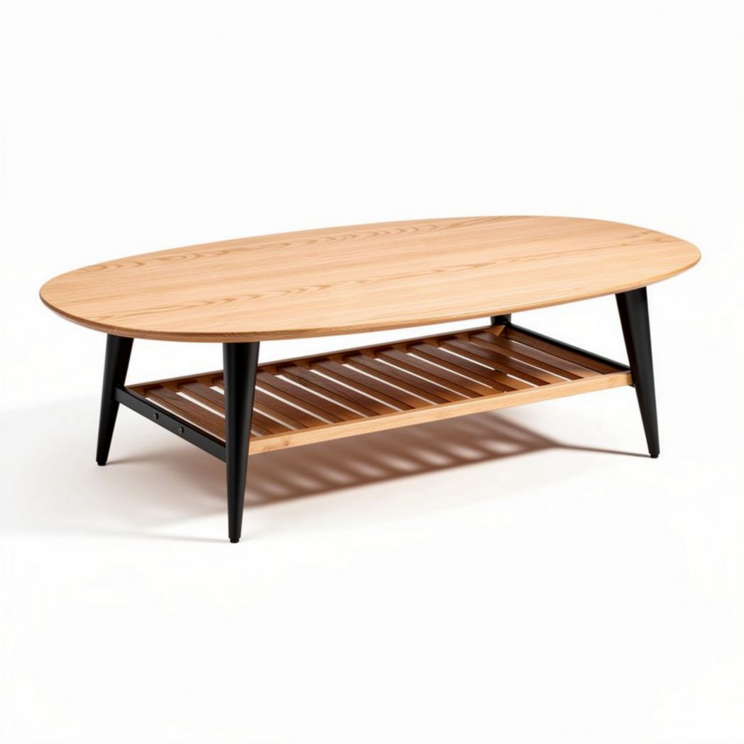 Tavolino da caffè in legno naturale con ripiano sottostante e gambe nere 120 x 70 x 40cm
