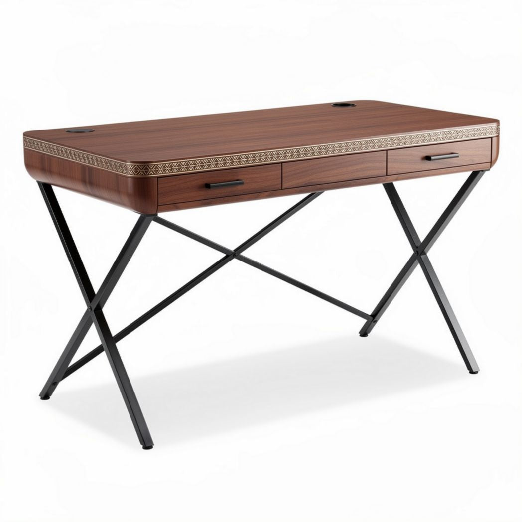 Scrivania in legno marrone con ripiano 120 x 60 x 75cm e cassetti neri